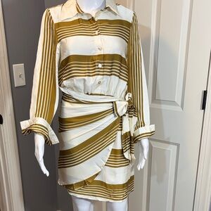 THML Golden olive and Cream Striped Long Sleeve Dress